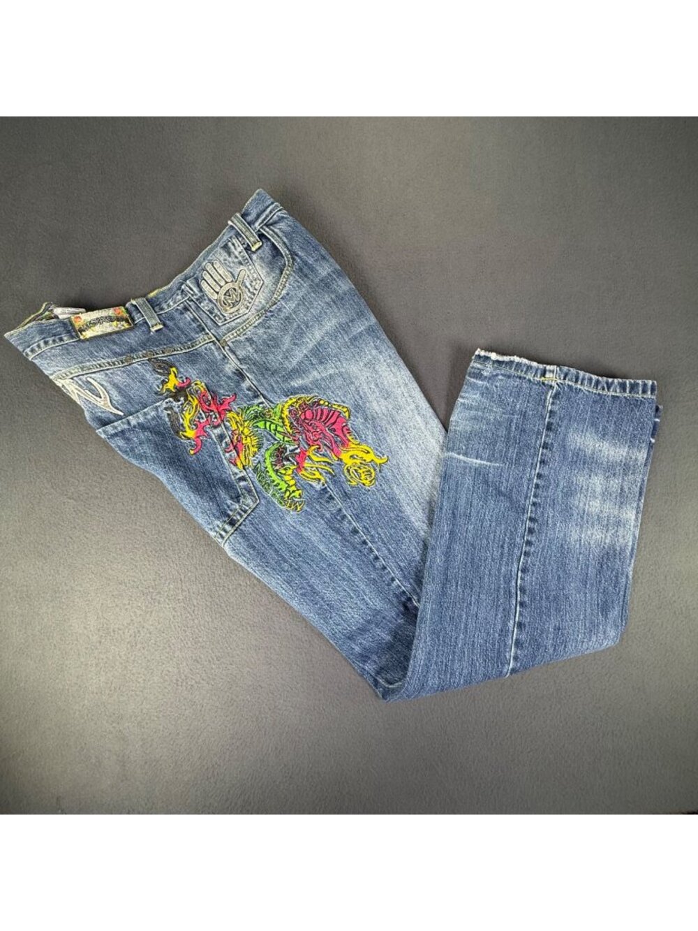VTG Rare MEBREEN Y2K Mens Jeans Distressed Embroidered Skull/Dragon Sz 44x34